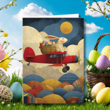 Abstract Bunny Flies Airplane Clouds Custom Easter