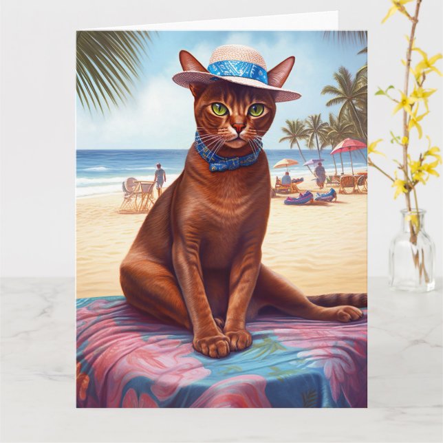 Carte Abyssinian cat on Beach, cadeau d'été pour amoureu (Fleur jaune)