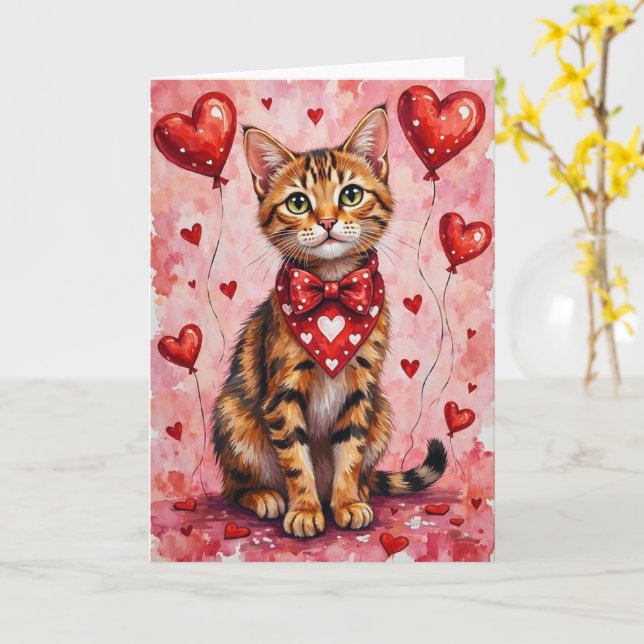 Carte Abyssinian Cat Valentine Sitting with Hearts Red (Fleur jaune)