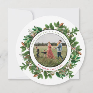 Carte Acorn Wreath Family Photo Round Christmas Card