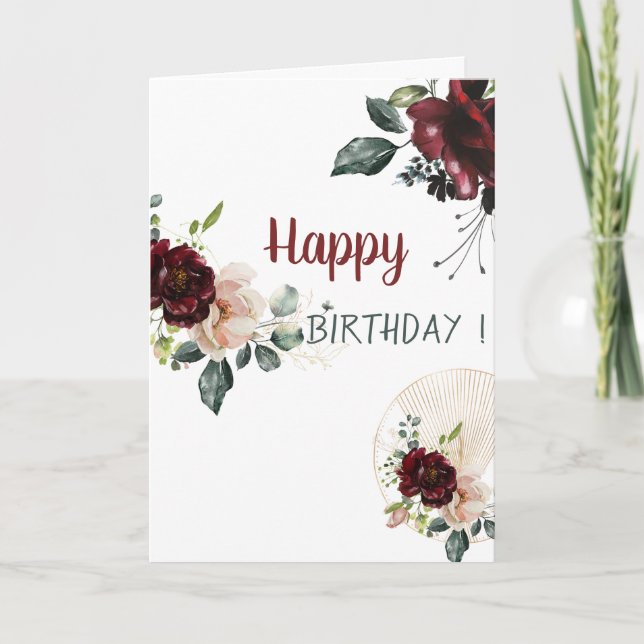 Carte Adorable Aquarelle Bourgogne Fleurs Anniversaire (Devant)