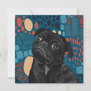 Carte Adorable assis Carlin noir chien sur bleu Abstrait