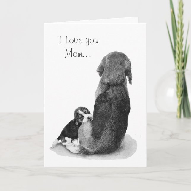 Carte adorable bébé beagle câlinant sa maman (Devant)