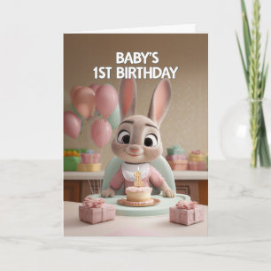 Carte Adorable bébé lapin en rose célébrant son 1er anni