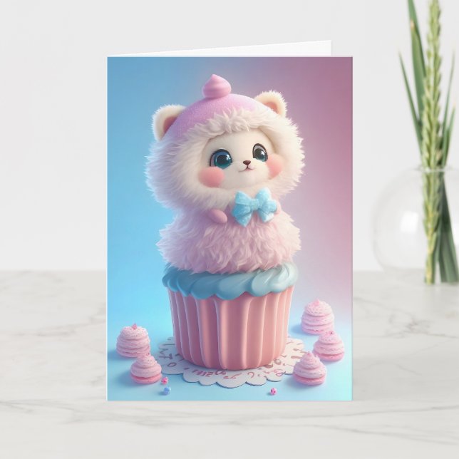 Carte Adorable chaton blanc préparant des cupcakes (Devant)