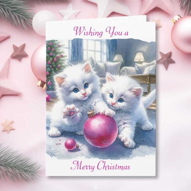 Carte adorable chatons blancs Noël rose (Créateur téléchargé)