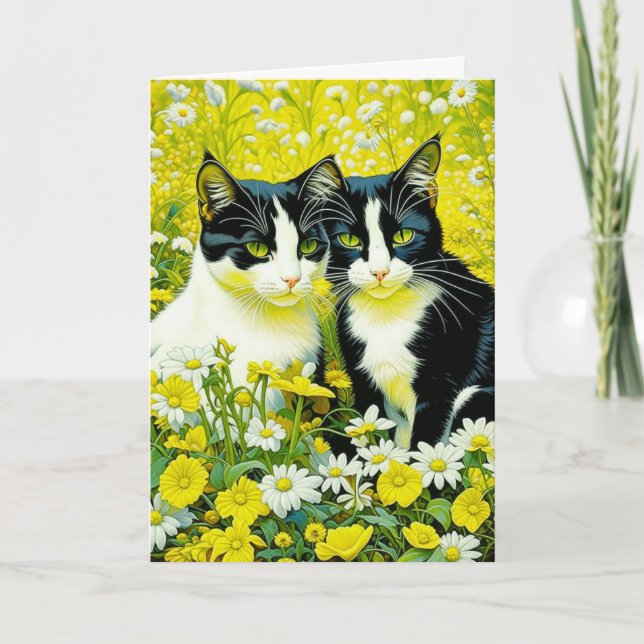 Carte Adorable Chats assis à Daisies Joyeux anniversaire (Devant)