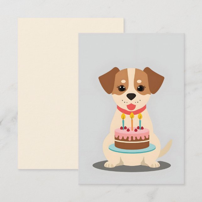 Carte Adorable chiot avec gâteau d'anniversaire (Devant / Derrière)