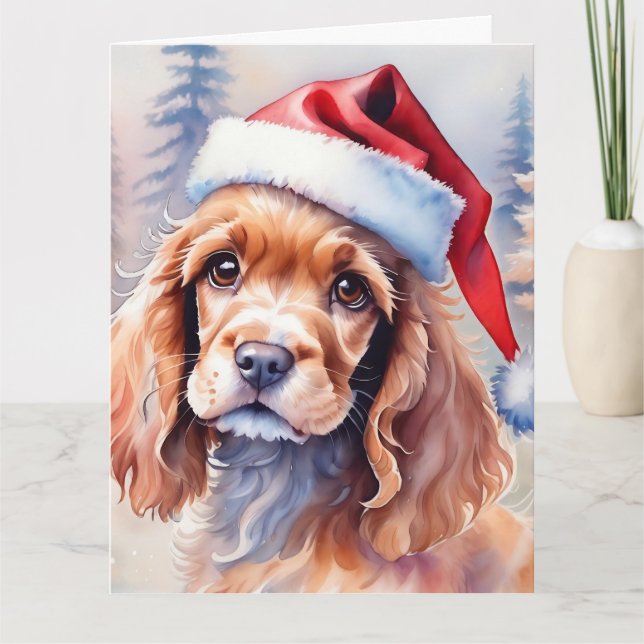 Carte Adorable Cocker Spaniel dans une aquarelle Santa H (Devant)