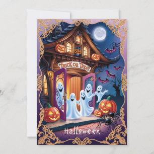 Carte Adorable Fantômes d'Halloween à la porte