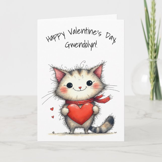 Carte Adorable Gray and White Cat Happy Valentine's Day (Devant)