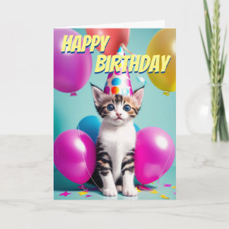 Carte Adorable Kitten Anniversaire Ballons Célébration