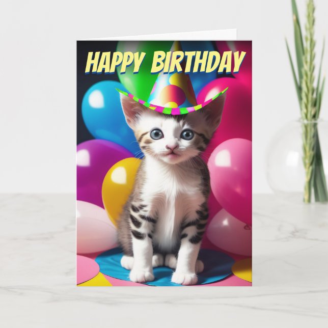 Carte Adorable Kitten Anniversaire Basson de ballon (Devant)