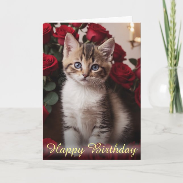 Carte Adorable Kitten Niché dans de belles roses rouges (Devant)