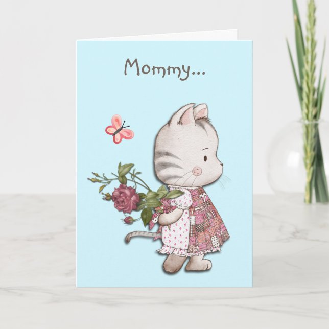 Carte Adorable Kitten Rose et coeur fête des mères (Devant)