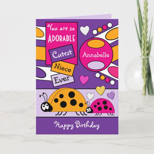 Carte Adorable nièce ladybugs spécial fille violet rose (Devant)