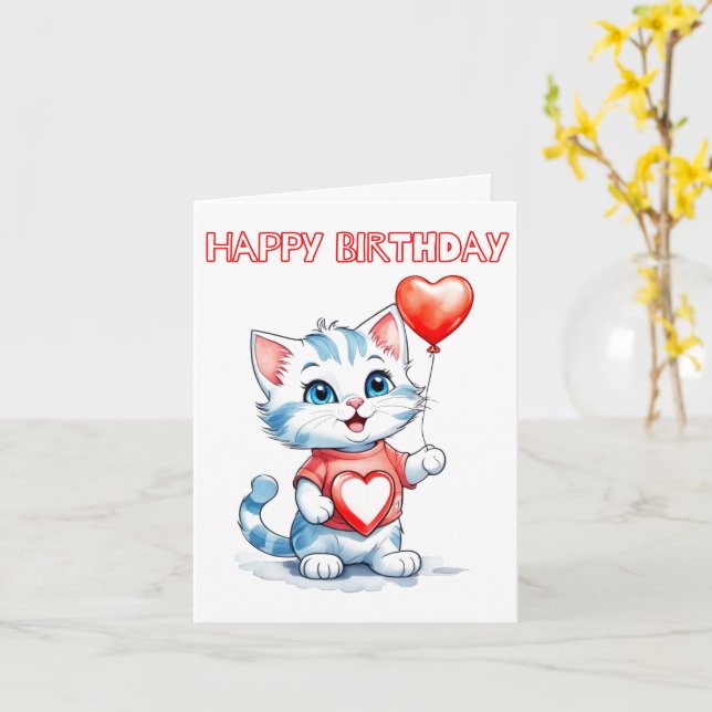 Carte Adorable Petit Kitty Chat Joyeux Anniversaire (Fleur jaune)