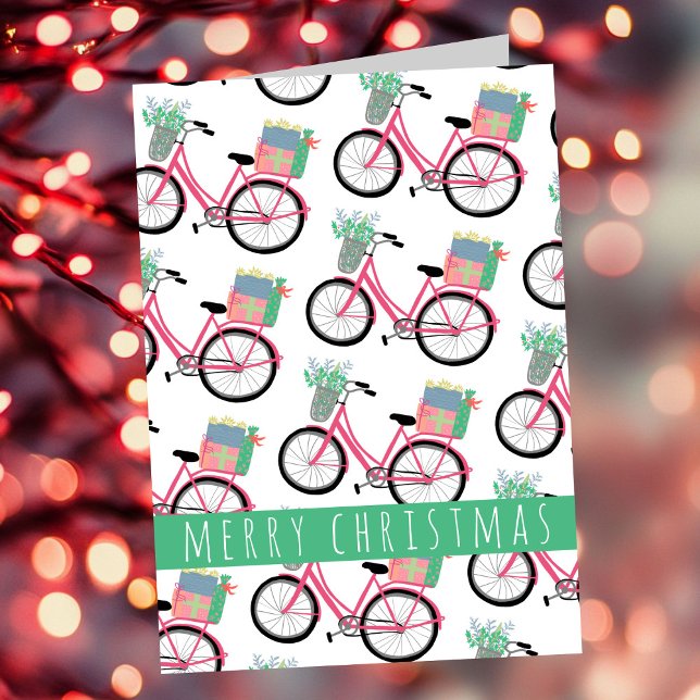Carte adorable Vélo de Noël Vacances mignonne Fille Rose (Adorable Christmas Bicycle Holiday Cute Girly Pink Modern Xmas Card
)