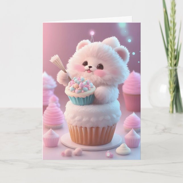 Carte Adorable White Kitten Casquette Party Cupcakes Bla (Devant)