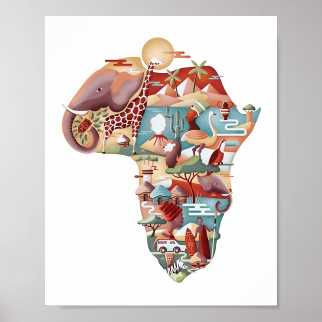 Carte africaine faune & culture collage Poster (Devant)