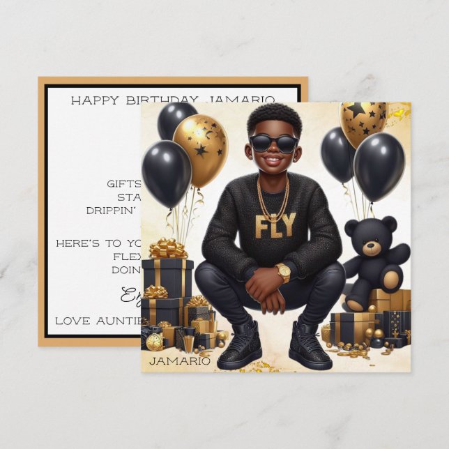 Carte African American Boy Black/Gold Anniversaire éléga (Devant / Derrière)