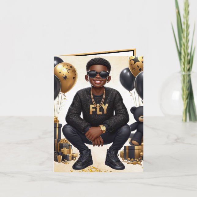 Carte African American Boy Black/Gold Anniversaire éléga (Devant)