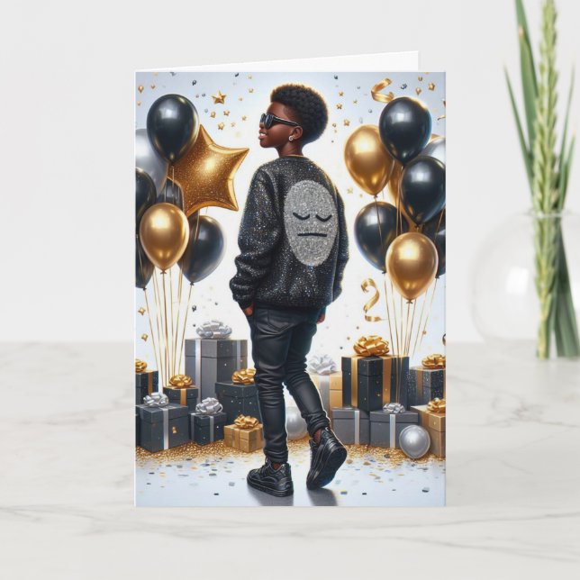 Carte African American Boy Black/Gold Anniversaire éléga (Devant)
