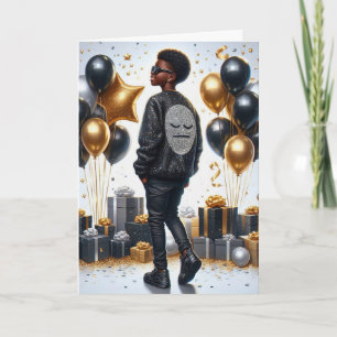 Carte African American Boy Black/Gold Anniversaire éléga