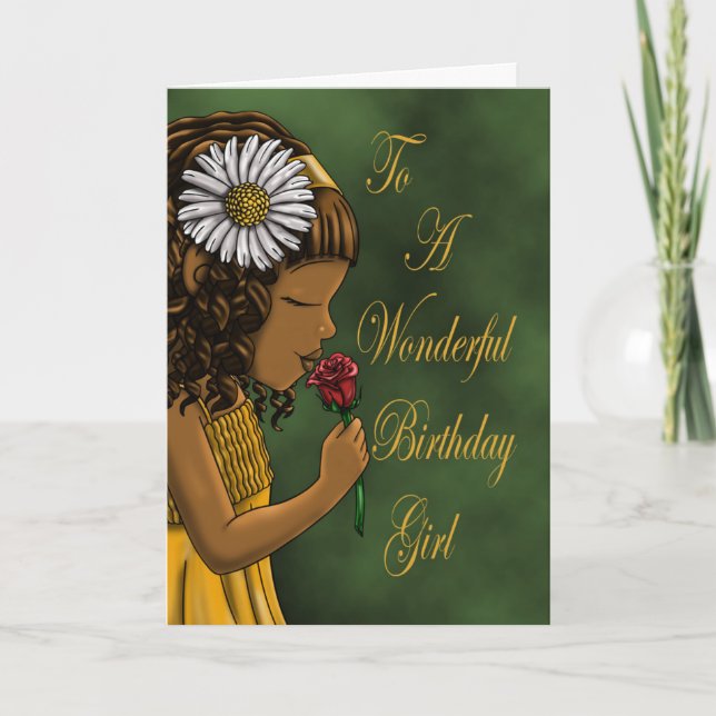 Carte African American Girl Rose Daisy Anniversaire (Devant)