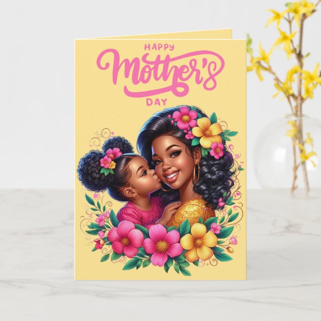 Carte African American Mom & Daughter Joyeuse fête des m (Fleur jaune)