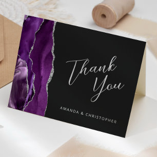Carte Agate d'argent violet Script Mariage foncé Merci