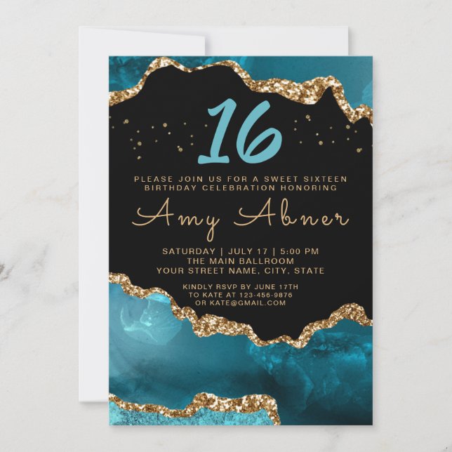 Carte Agate Gold Turquoise Sweet 16 Anniversaire Invitat (Devant)