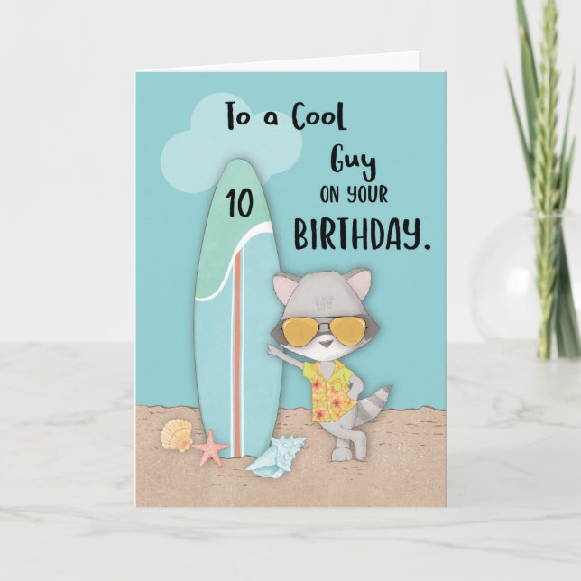 Carte Âge 10 Guy Anniversaire Plage Amusante Cool Raccoo (Devant)
