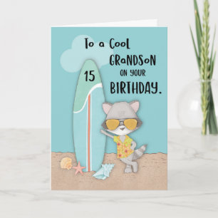 Carte Âge 15 Grand-fils Anniversaire Plage Amusante Cool