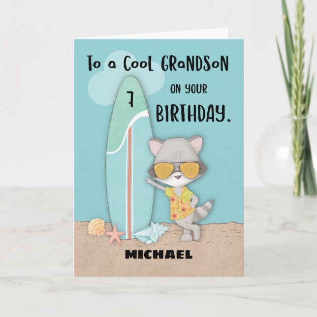 Carte Âge 7 Grand-fils Anniversaire Plage Amusante Cool  (Devant)