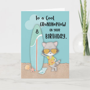 Carte Âge 8 Grand neveu Anniversaire Plage Funny Raccoon