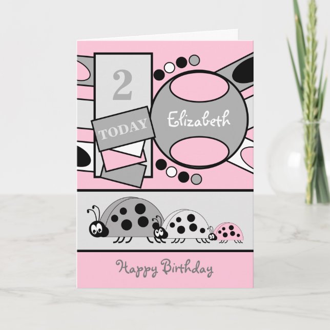Carte Âgé de 2 ans tout âge coccinelle gris rose anniver (Devant)