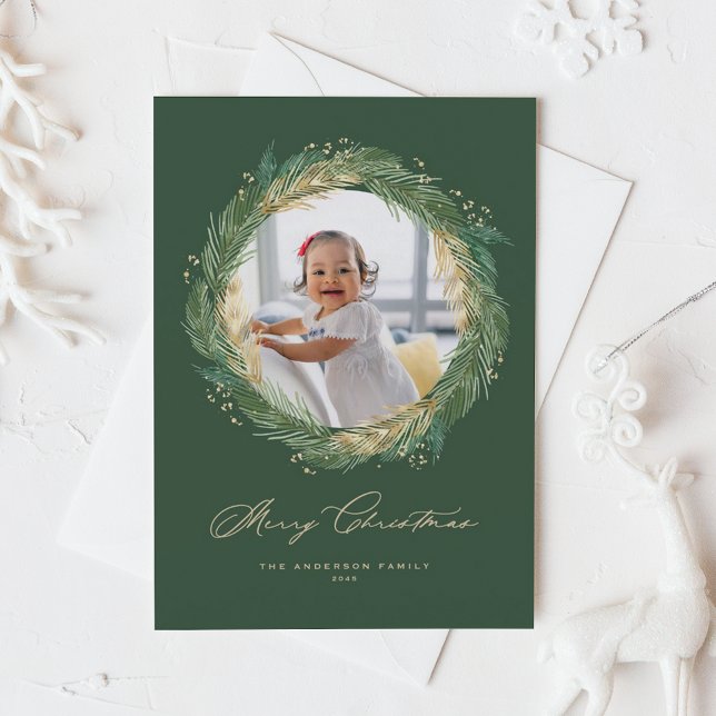 Carte Aiguilles de pin vert et or Wreath Photo de Noël (Faux Gold Foil Pine Needles Wreath Merry Christmas Photo Holiday Card)