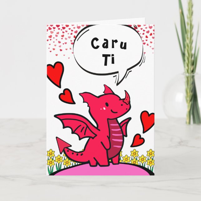 Carte Aimez-vous en Gallois Cute Red Dragon Hearts (Devant)