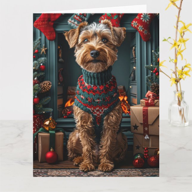 Carte Airedale Chien Avec Les Cadeaux De Noël Cheminée (Fleur jaune)