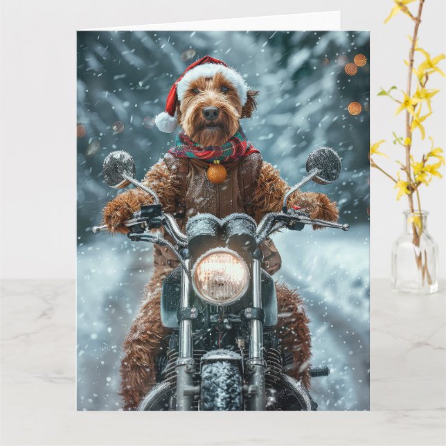Carte Airedale Chien équitation Moto Noël (Fleur jaune)