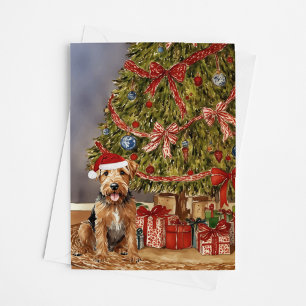 Carte Airedale Terrier Aquarelle sous arbre de Noël