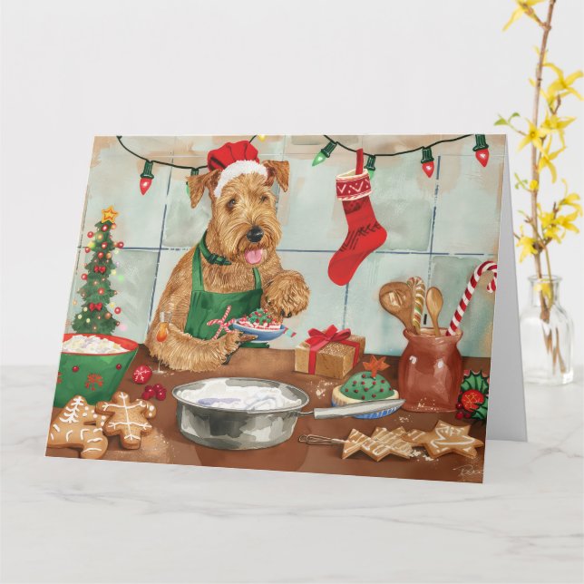Carte Airedale Terrier Gâteau de vacances : Noël festif (Fleur jaune)