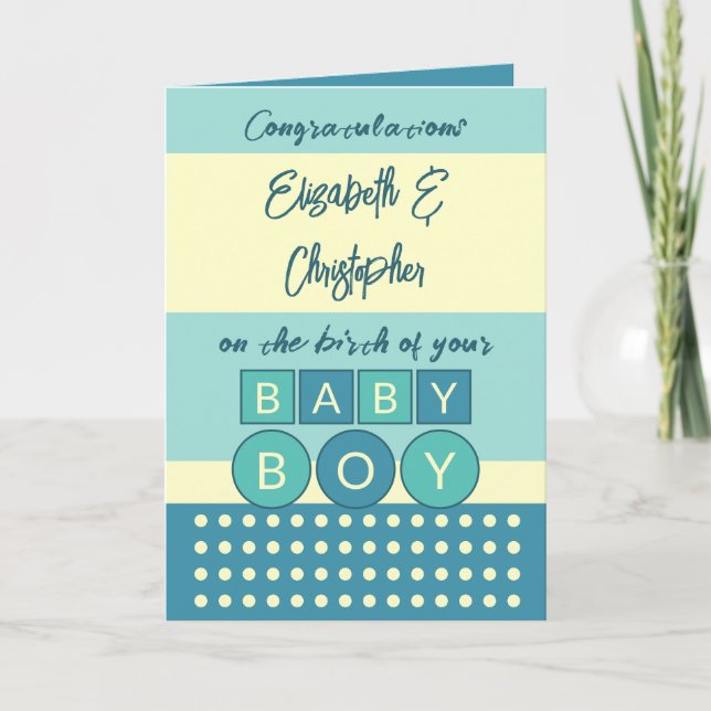 Carte Ajouter des noms turquoise jaune nouveau bébé garç (Devant)