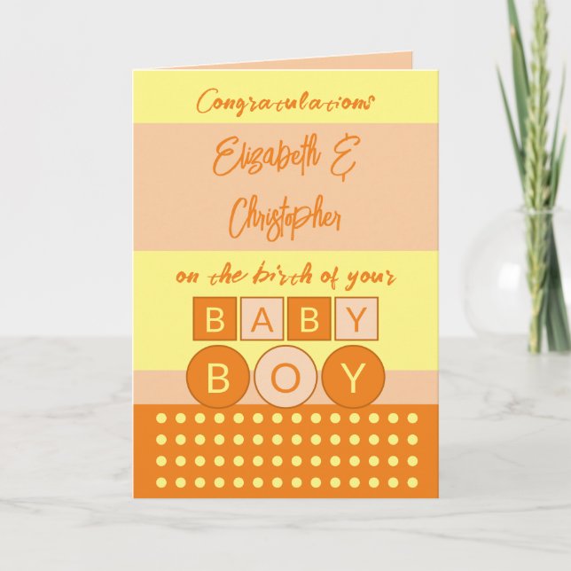 Carte Ajouter des prénoms orange jaune nouveau bébé garç (Devant)