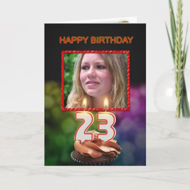 Carte Ajouter une photo, 23e anniversaire avec gâteau et (Devant)