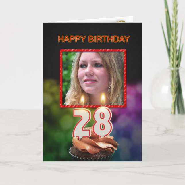 Carte Ajouter une photo, 28ème anniversaire avec gâteau  (Devant)