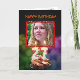 Carte Ajoutez une photo, 27ème anniversaire avec gâteau 