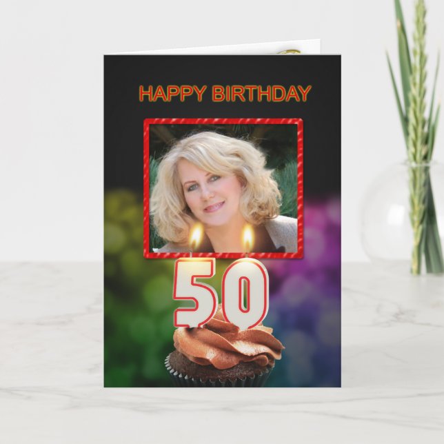 Carte Ajoutez une photo, 50e anniversaire avec gâteau et (Devant)
