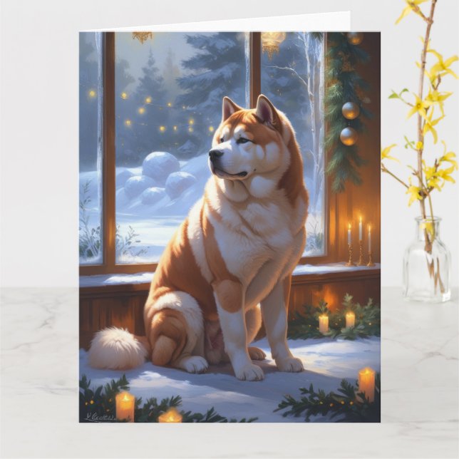 Carte Akita Avec Les Fêtes De Noël (Fleur jaune)